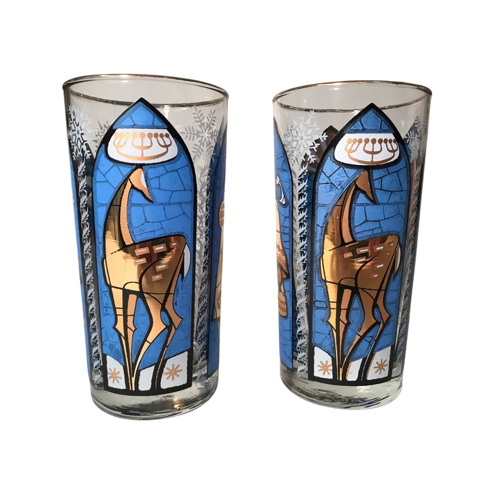 Libbey - Mid-Century Blue and 22-Karat Gold Star/Snowflake Glasses (Se