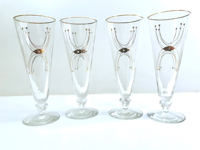 Libbey - Mid-Century Blue and 22-Karat Gold Star/Snowflake Glasses (Se