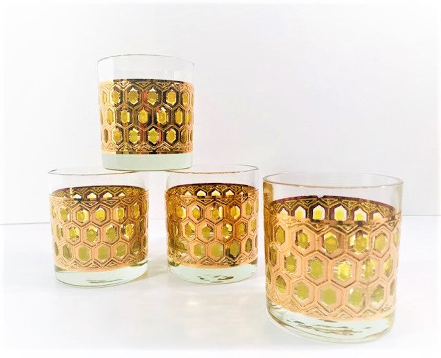 Libbey - Mid-Century Blue and 22-Karat Gold Star/Snowflake Glasses (Se