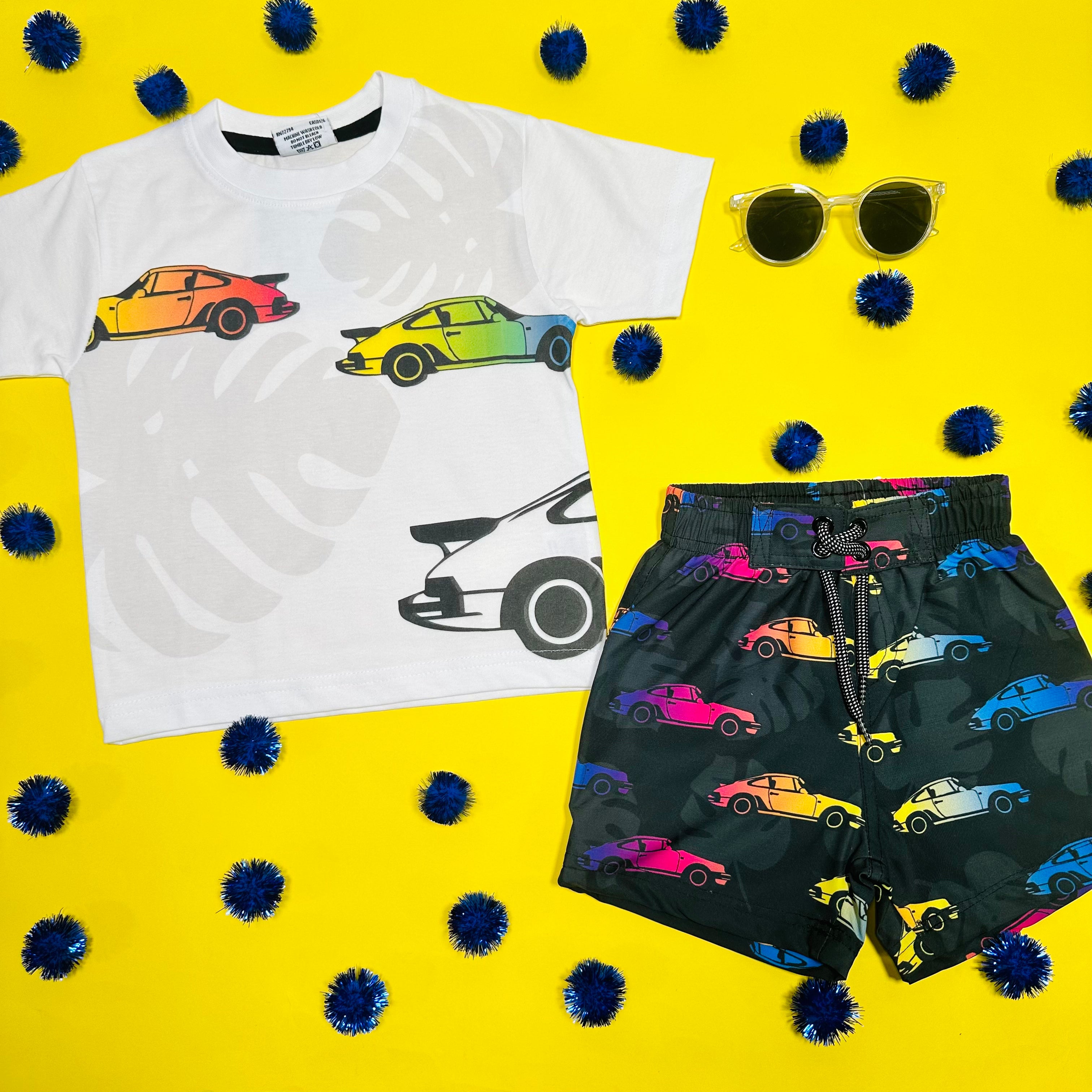 MISH MISH RACE CARS & PALM TREES SWIM TRUNKS