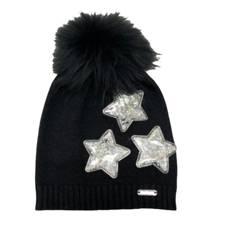 Bari Lynn Sequin Stars Fur Pom Beanie