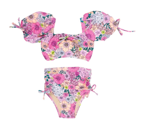 Shade Critters Mod Floral Puff Sleeve High Waisted Two Piece Bikini