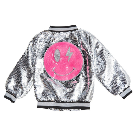 Lola & The Boys Kids' Iridescent Star Sequin Bomber Jacket in Silver