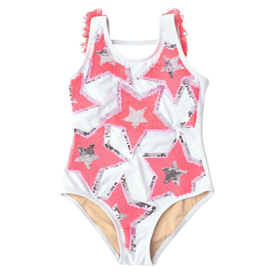 Hibiscus Stripe Sequins Girls One Piece Swimsuit 3-10 - Shade Critters