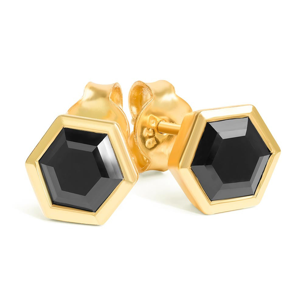 Gold Hexagon Stud Earrings with Black 