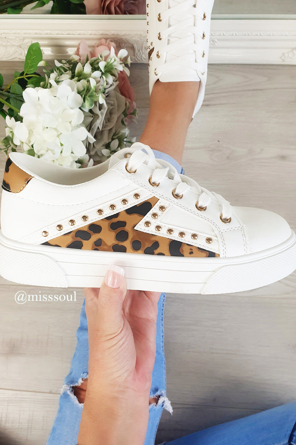 white studded leopard print trainers