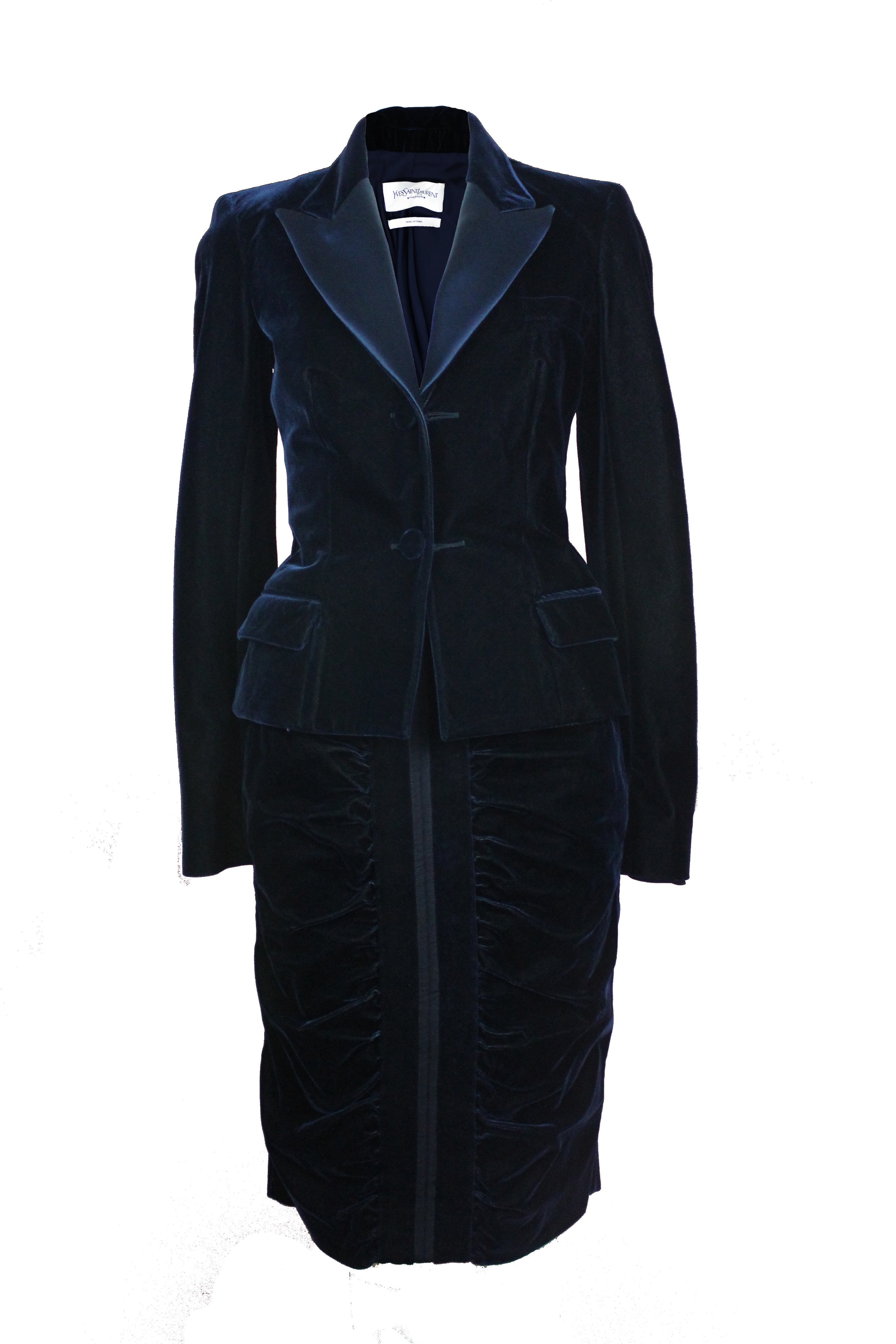 image of Yves Saint Laurent by Tom Ford Blue Velvet Skirt Suit, AW02, Size FR 36