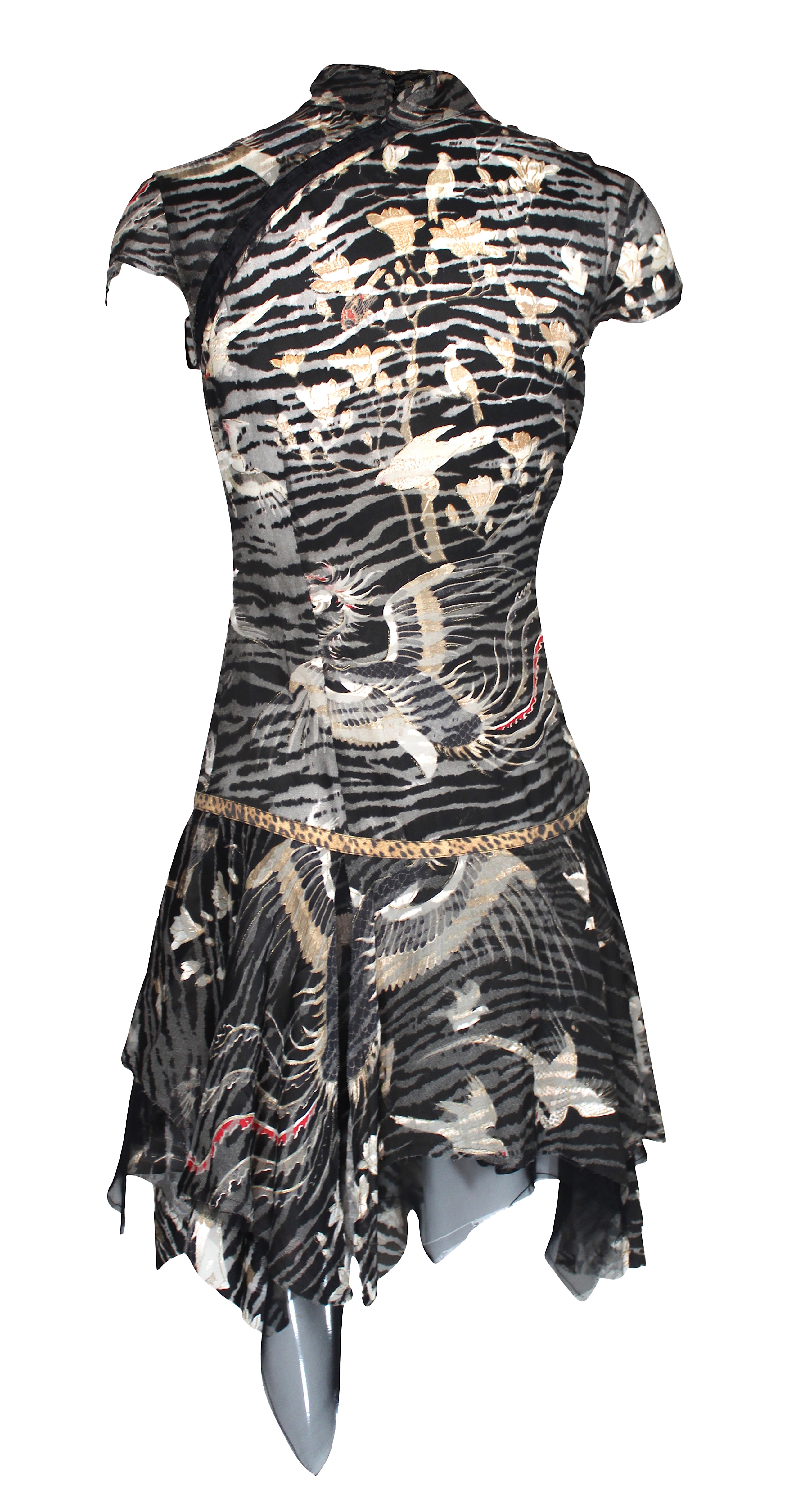 image of Roberto Cavalli Tiger Print Mini Dress with Mandarin Collar, SS03, Size 40 IT / 4 US