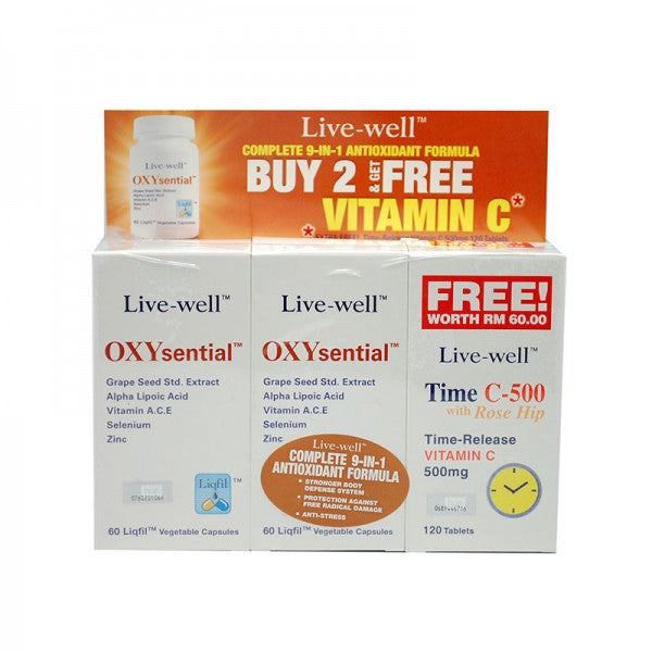 Live-well Oxysential Capsule + Time C 500mg Tablet 60s x2 + 120s - DoctorOnCall Farmasi Online
