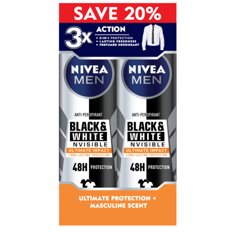 Nivea (Men) Black & White Invisible Ultimate Impact Body Spray 150ml - DoctorOnCall Farmasi Online