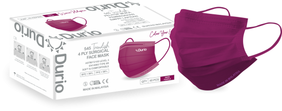 Durio 545 Trendish Adult 4 Ply Surgical Face Mask 40s Maroon Red - DoctorOnCall Farmasi Online