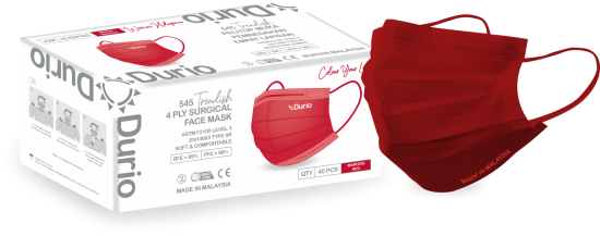 Durio 545 Trendish Adult 4 Ply Surgical Face Mask 40s Maroon Red - DoctorOnCall Farmasi Online