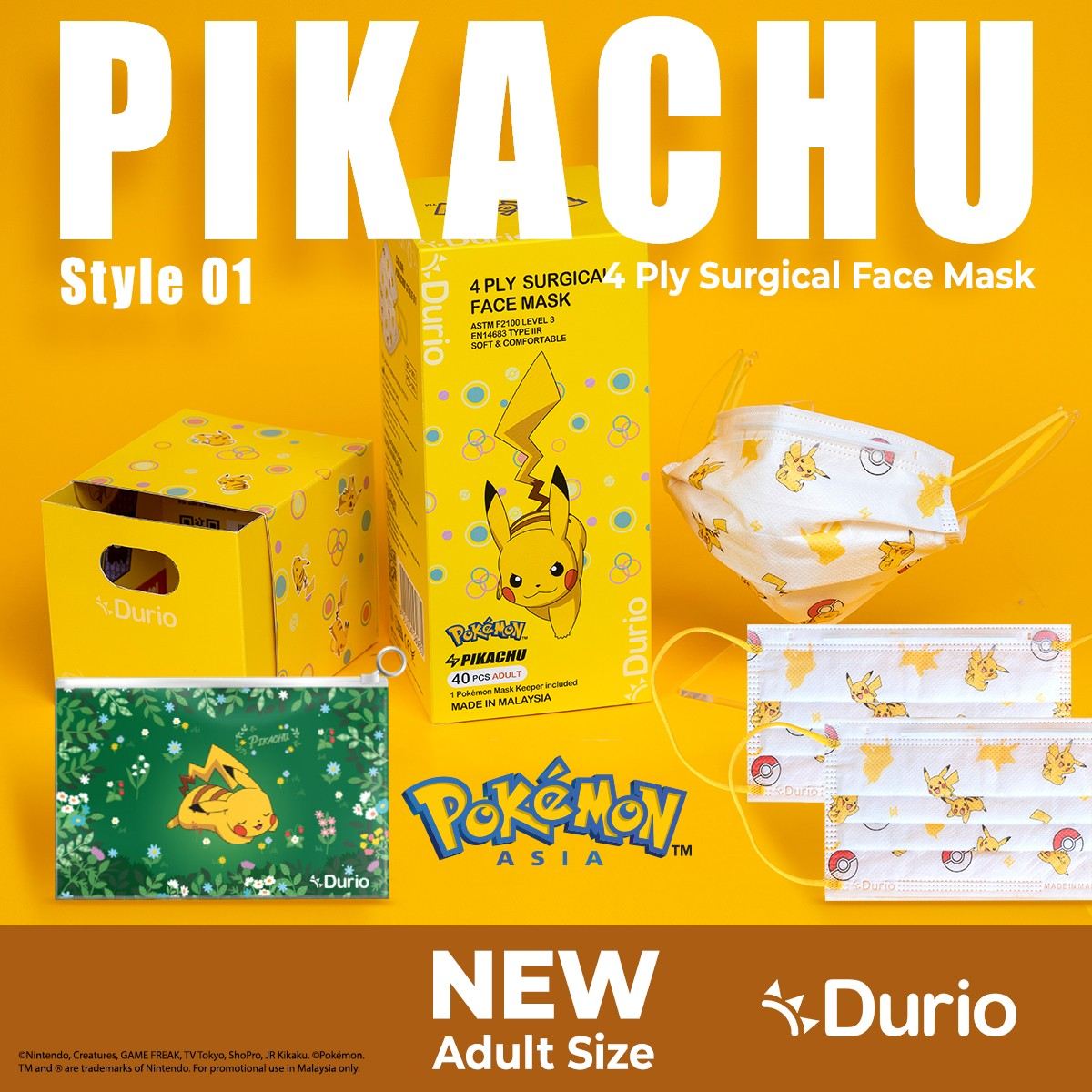 Durio 546A Pokemon Adult 4 Ply Surgical Face Mask 40s Pikachu Style 02 - DoctorOnCall Online Pharmacy