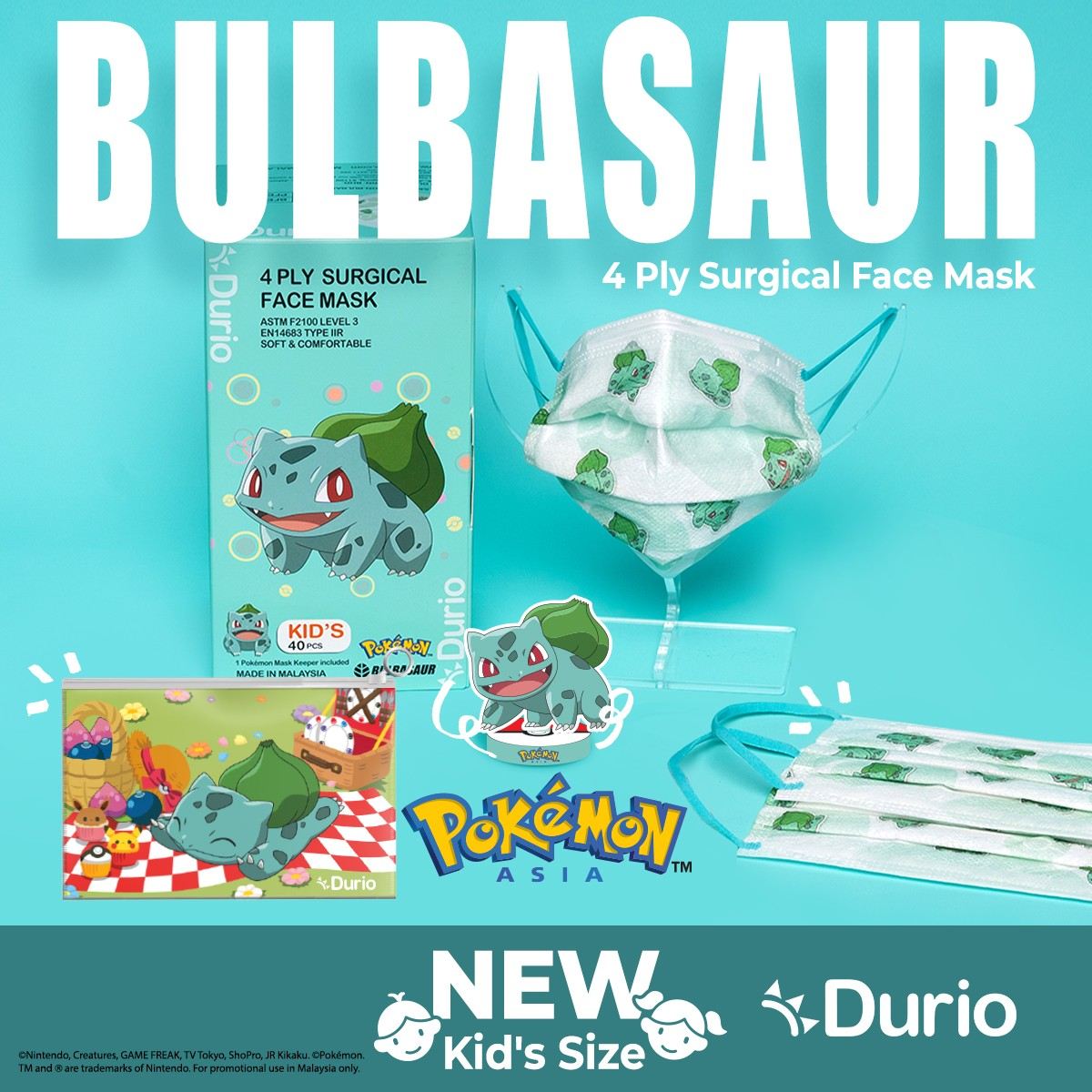 Durio 546K Pokemon Kids 4 Ply Surgical Face Mask 40s Bulbasaur - DoctorOnCall Farmasi Online