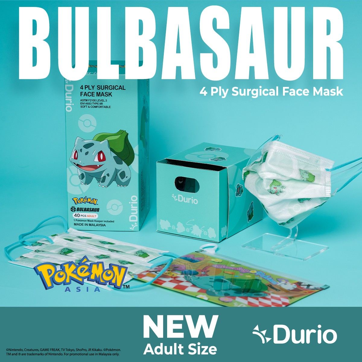 Durio 546A Pokemon Adult 4 Ply Surgical Face Mask 40s Bulbasaur - DoctorOnCall Farmasi Online