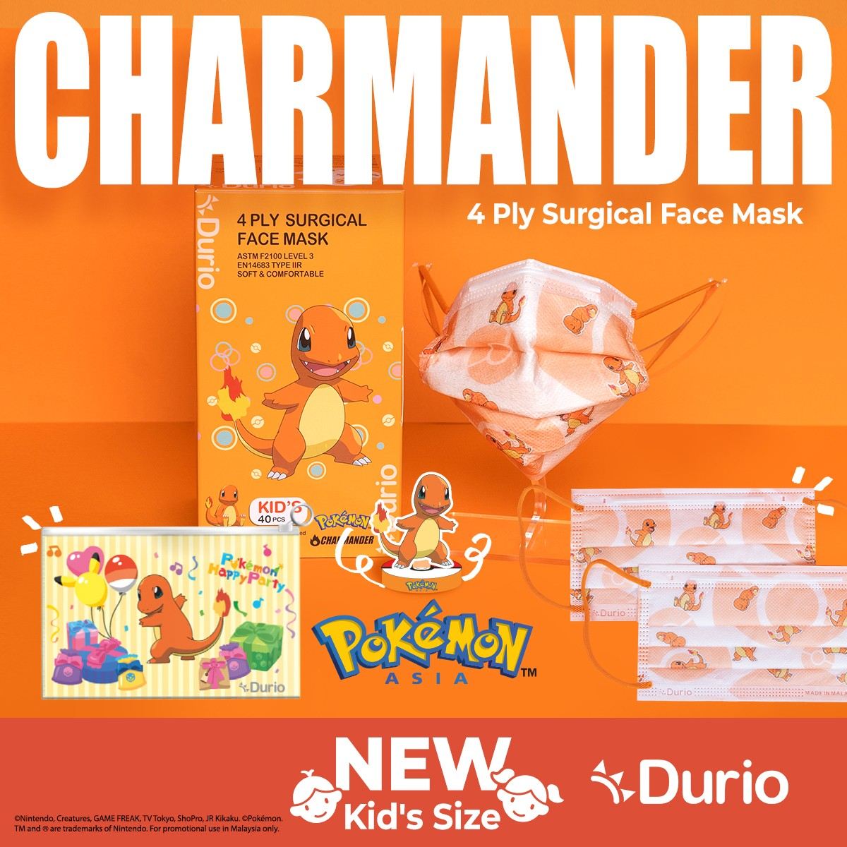 Durio 546K Pokemon Kids 4 Ply Surgical Face Mask 40s Charmander - DoctorOnCall Farmasi Online