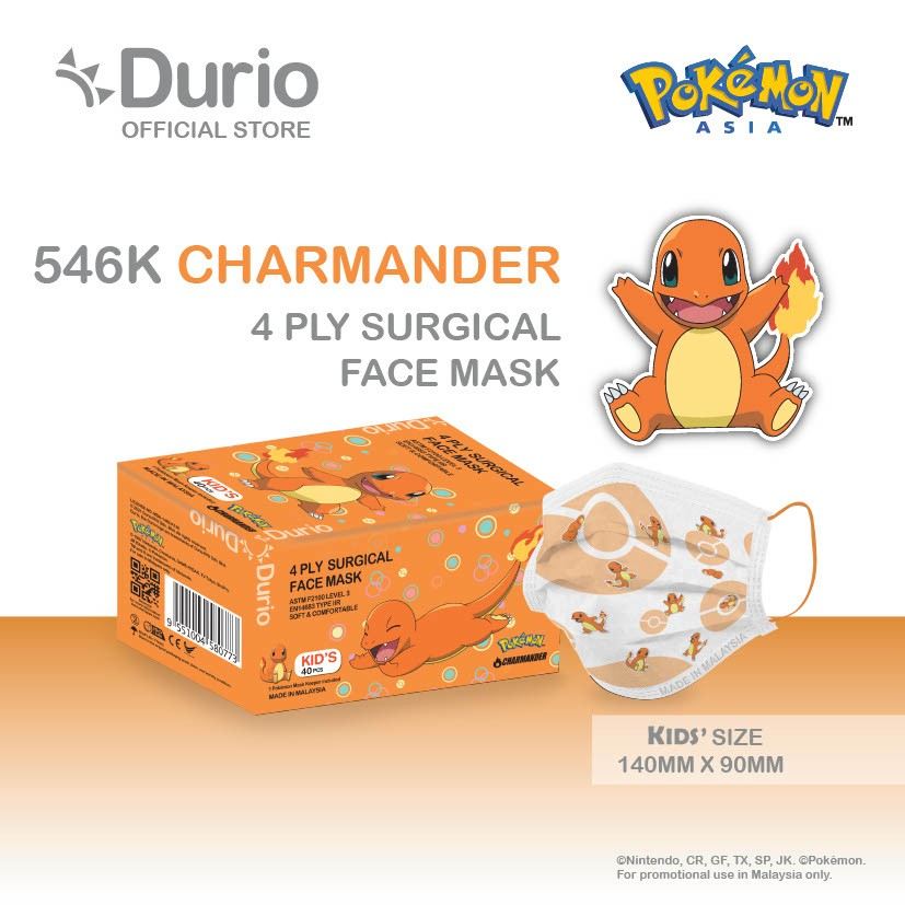 Durio 546K Pokemon Kids 4 Ply Surgical Face Mask 40s Charmander - DoctorOnCall Farmasi Online