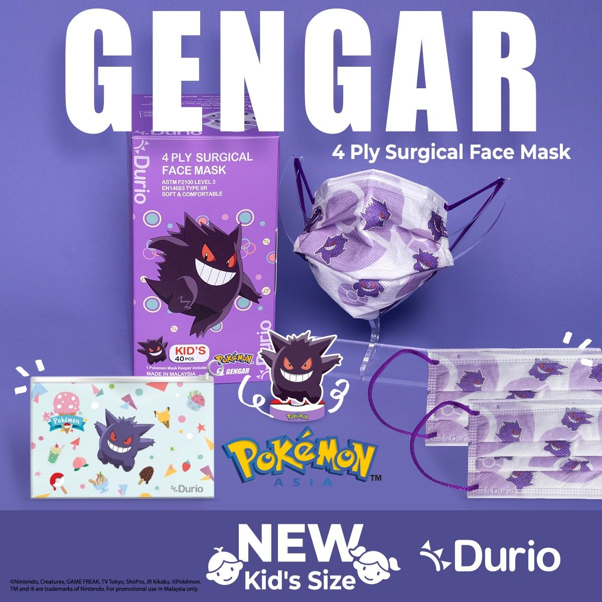 Durio 546K Pokemon Kids 4 Ply Surgical Face Mask 40s Gengar - DoctorOnCall Online Pharmacy