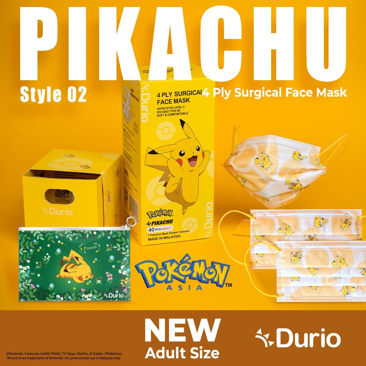 Durio 546A Pokemon Adult 4 Ply Surgical Face Mask 40s Pikachu Style 02 - DoctorOnCall Online Pharmacy