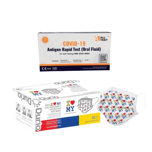 Durio 531A I LOVE MY 3 Ply Protective Face Mask (Adult) + ALLTEST COVID-19 Antigen Rapid Test Kit (Oral Fluid Self Testing) 50s + 1 Kit - DoctorOnCall Farmasi Online