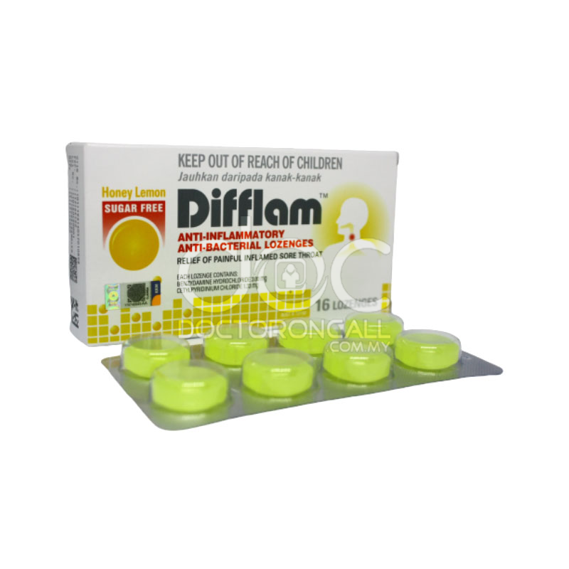 Difflam Anti-Inflammatory Anti-Bacterial Lozenges (Honey Lemon) 16s - DoctorOnCall Farmasi Online