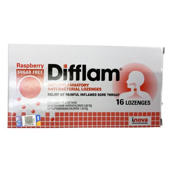 Difflam Anti-inflammatory Anti-Bacterial Lozenges (Raspberry) - 16s - DoctorOnCall Farmasi Online