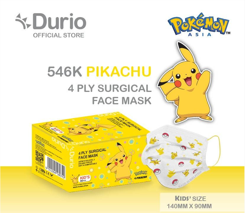 Durio 546K Pokemon Kids 4 Ply Surgical Face Mask 40s Pikachu - DoctorOnCall Online Pharmacy