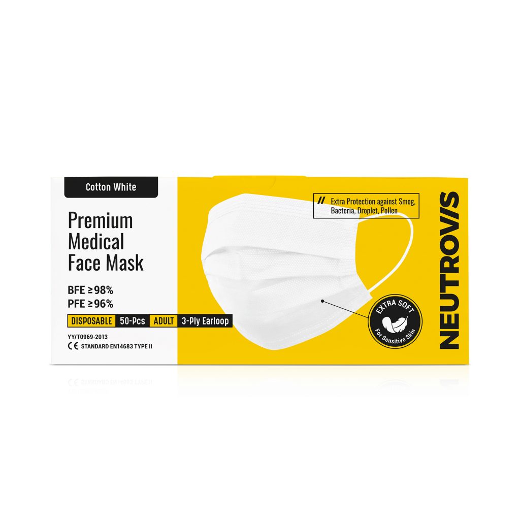 Neutrovis 3Ply Premium Medical Face Mask Adult Ultrasoft 50s Cotton White - DoctorOnCall Online Pharmacy
