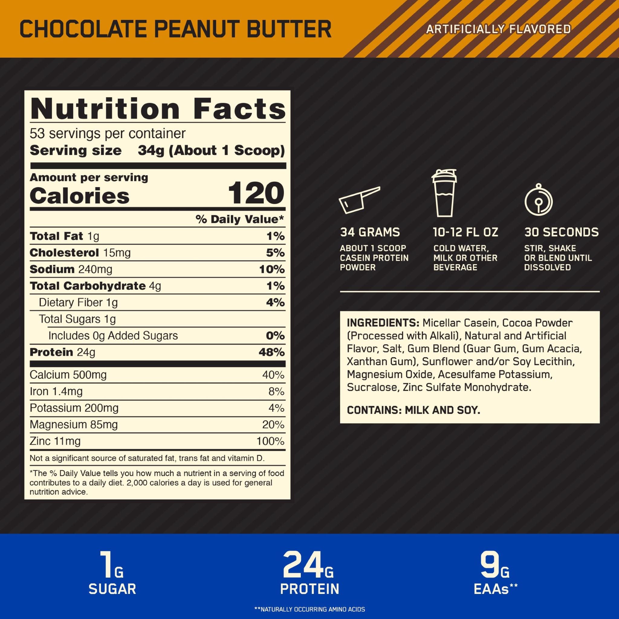 Optimum Nutrition 100% Casein Chocolate Peanut Butter Powder 4lbs - DoctorOnCall Online Pharmacy