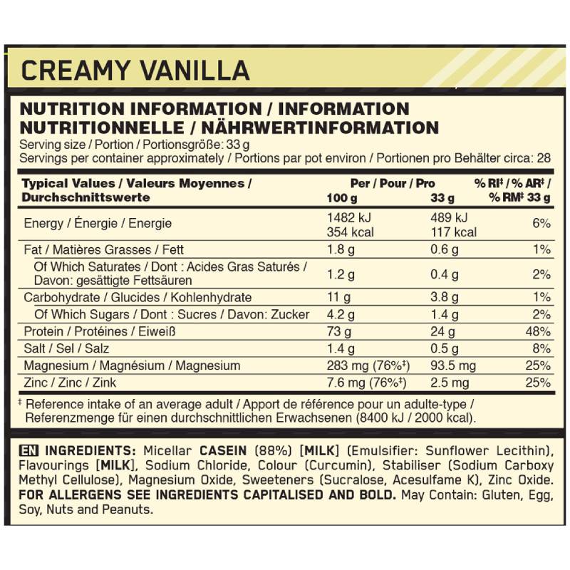 Optimum Nutrition 100% Casein Creamy Vanilla Powder 4lbs - DoctorOnCall Farmasi Online