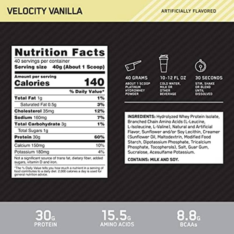 Optimum Nutrition Platinum Hydro Whey Velocity Vanilla Powder 1590g - DoctorOnCall Farmasi Online