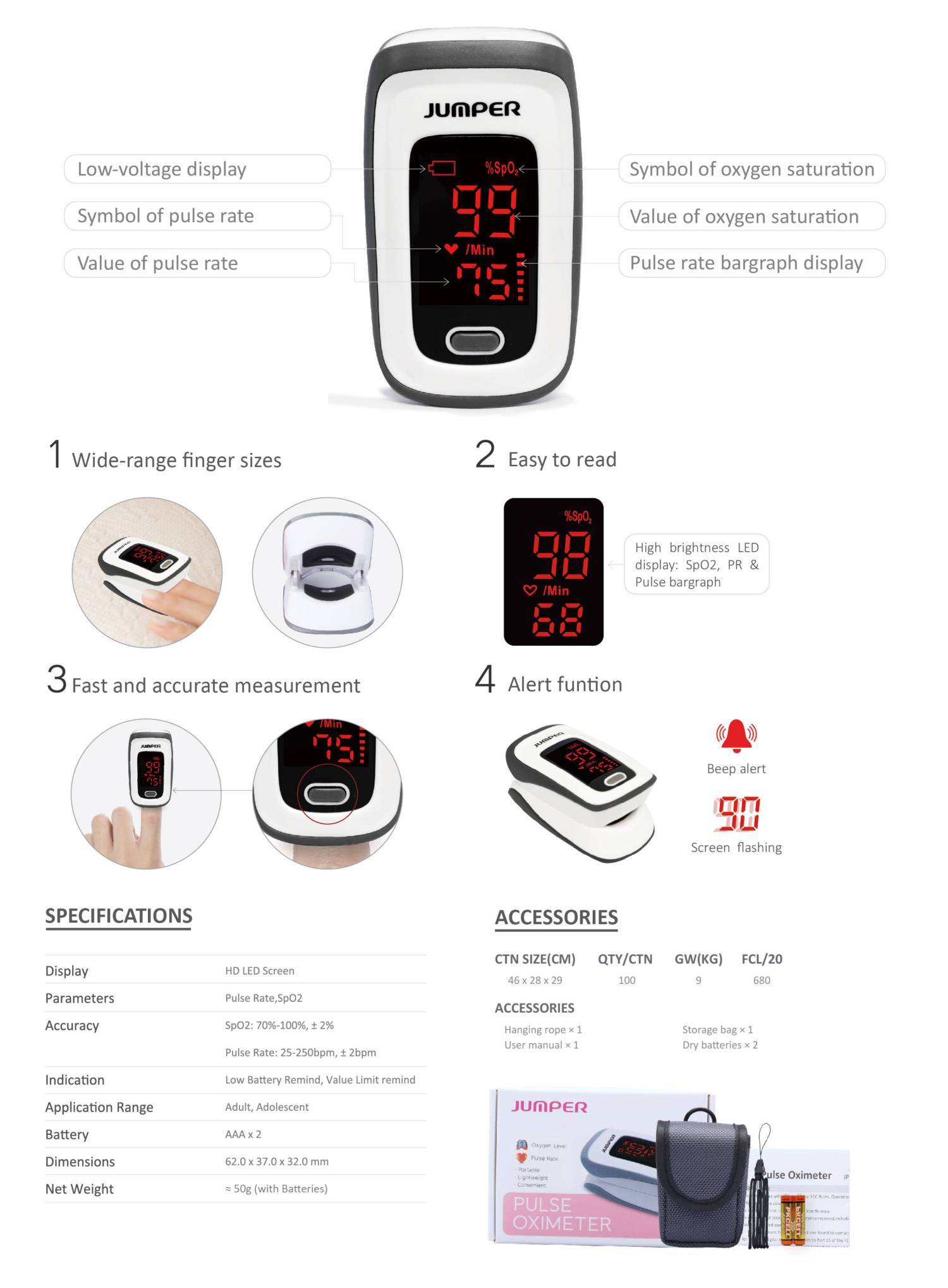 Jumper LED Version Pulse Oximeter (JPD-500E) (MDA certified - 1 year warranty) 1s - DoctorOnCall Online Pharmacy