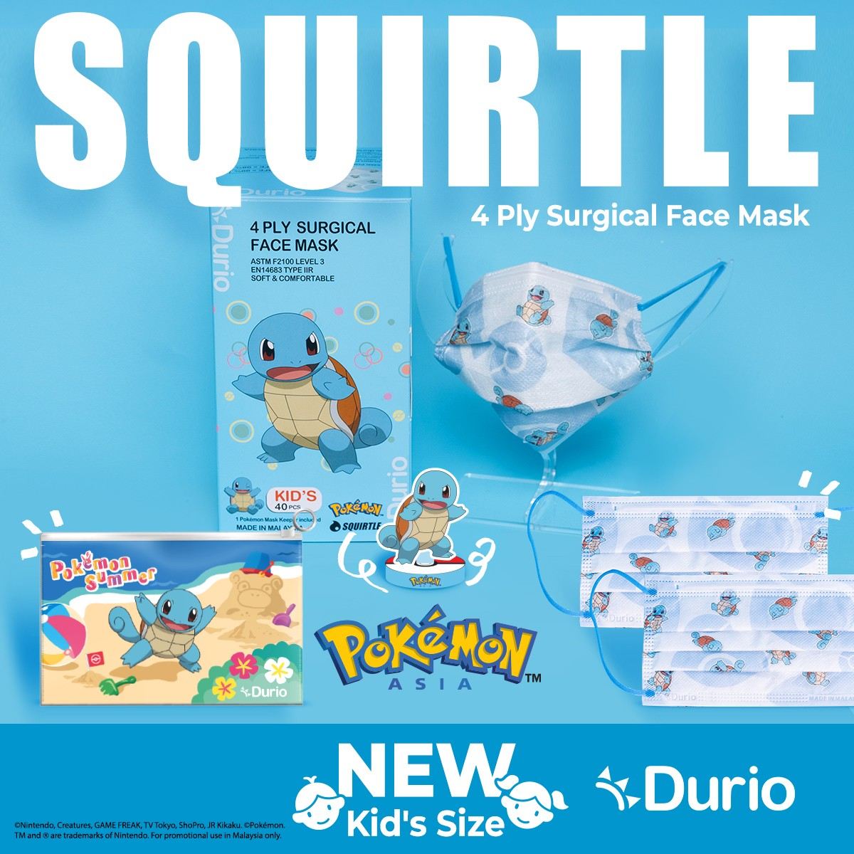 Durio 546K Pokemon Kids 4 Ply Surgical Face Mask 40s Squirtle - DoctorOnCall Online Pharmacy