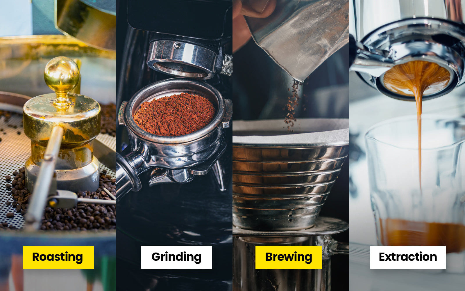 Roasting, Grinding, Brewing, Extraction 4 stage process