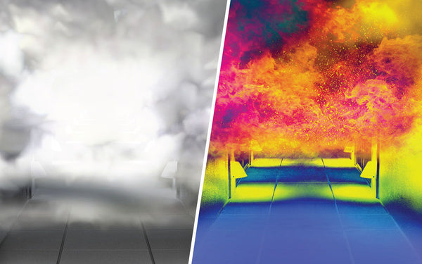 image on left showing smoke filled corridor, thermal image on the right revealing fire
