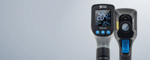 PerfectPrime TM0300 laser thermometer gun product showing back and front sides