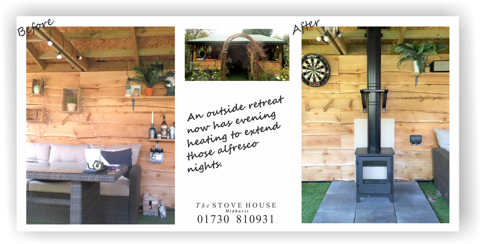 Installation of a stove in an outside building, summer house by the stove house 01730 810931