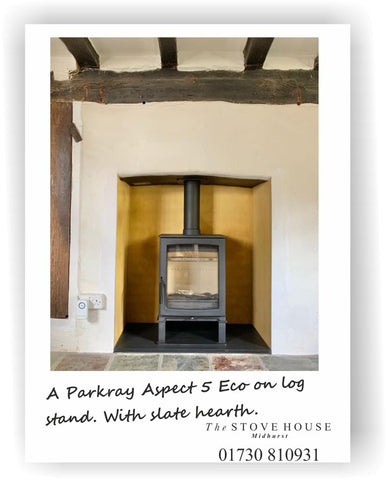 Parkray Aspect 5 Eco stove on a log stand / base, installation by The Stove House your local stove installer & fitter for Chichester Midhurst Arundel and surrounding areas 01730 810931