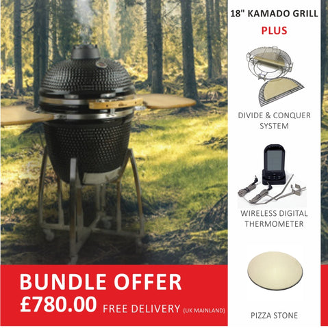18" Ceramic Black Kamado Grill Bundle with accessories at The Stove House 01730 810931