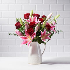 Paradise - red roses and pink lilies - bouquet for Mother's Day