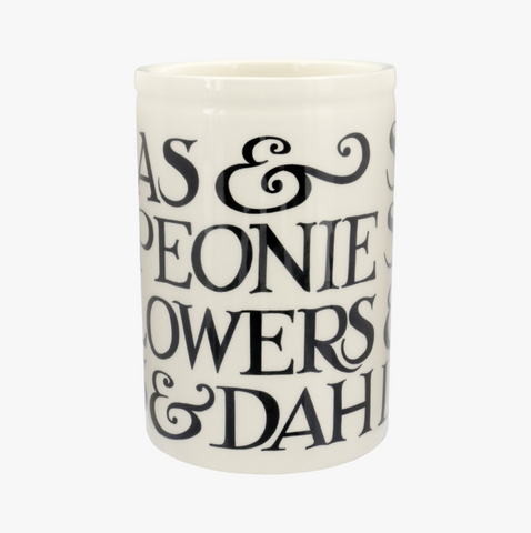 emma bridgewater white vase with the names of flowers written on the side in cursive