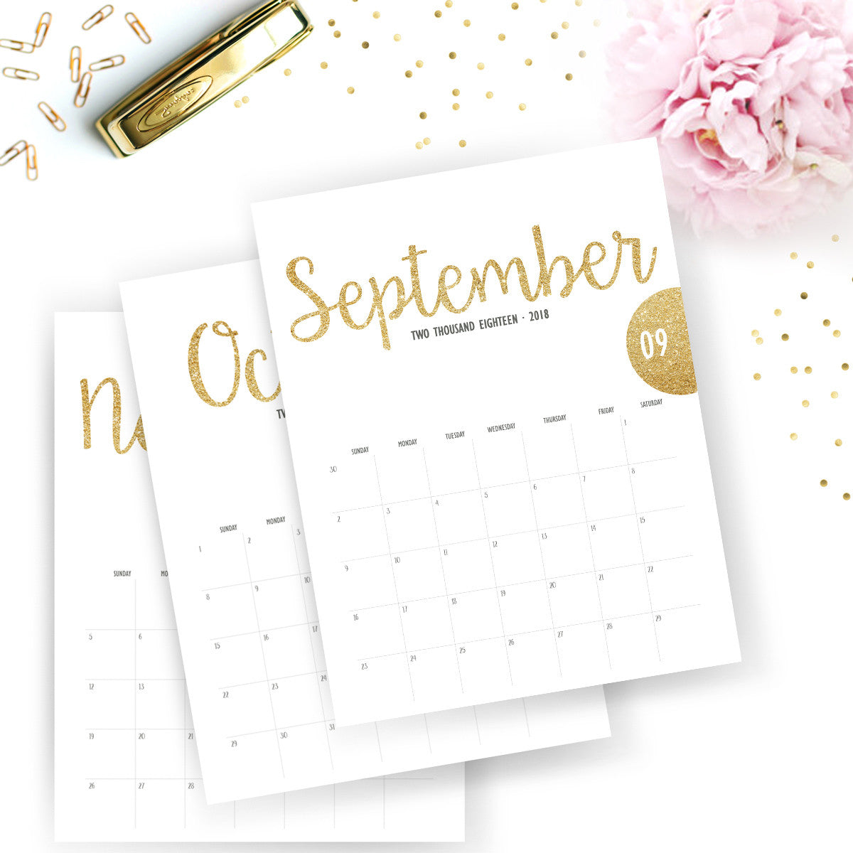 Download and Print Gold Glitter Calendar Planner 2018