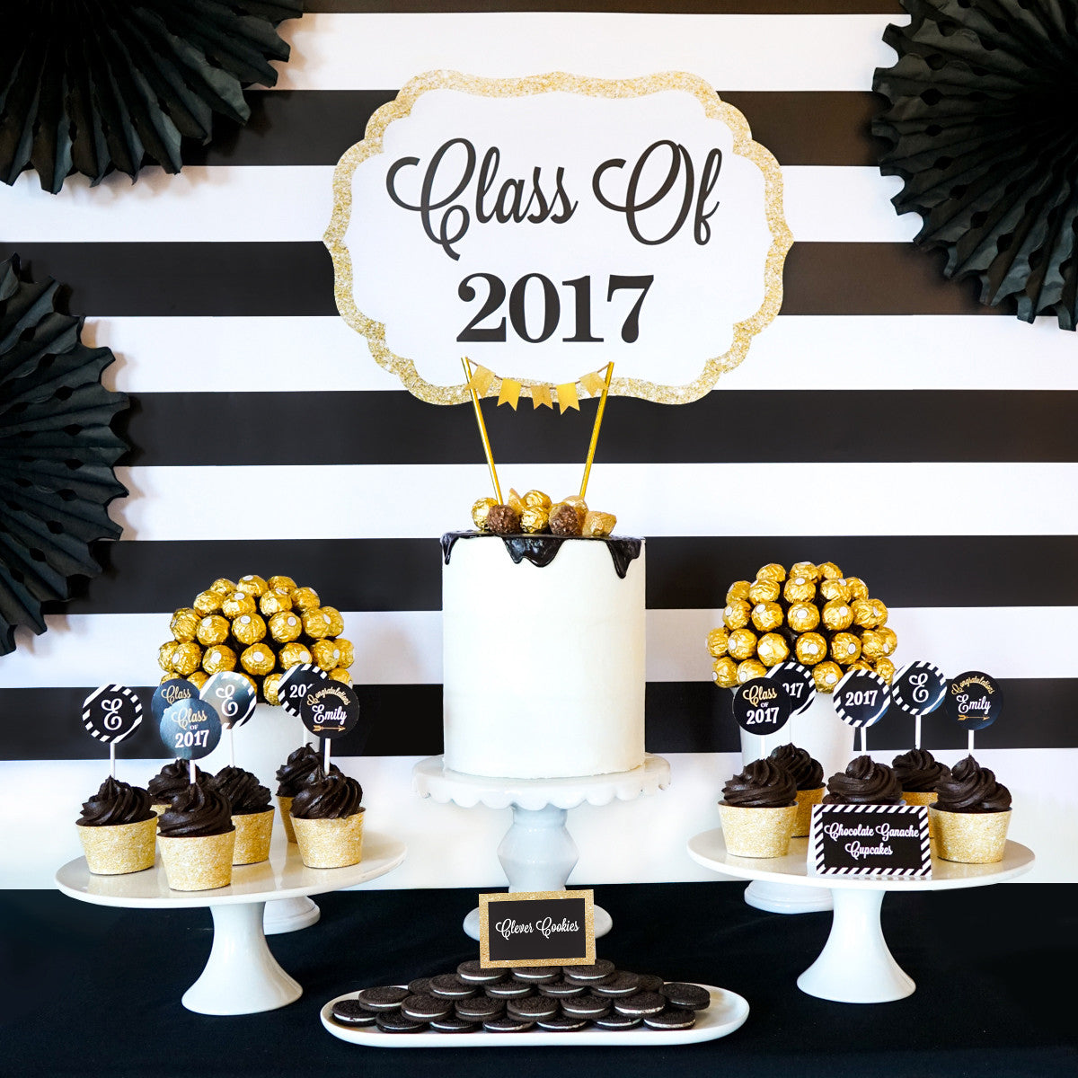Graduation party set up - black, white and gold