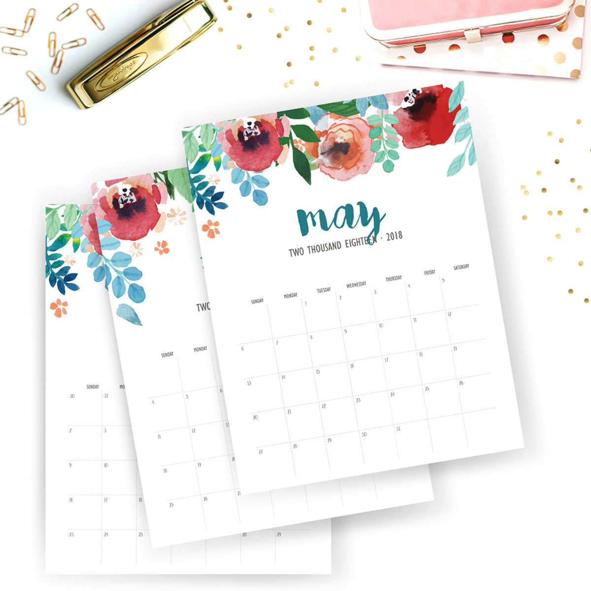 Printable Calendar Planner 2018 Floral Watercolor