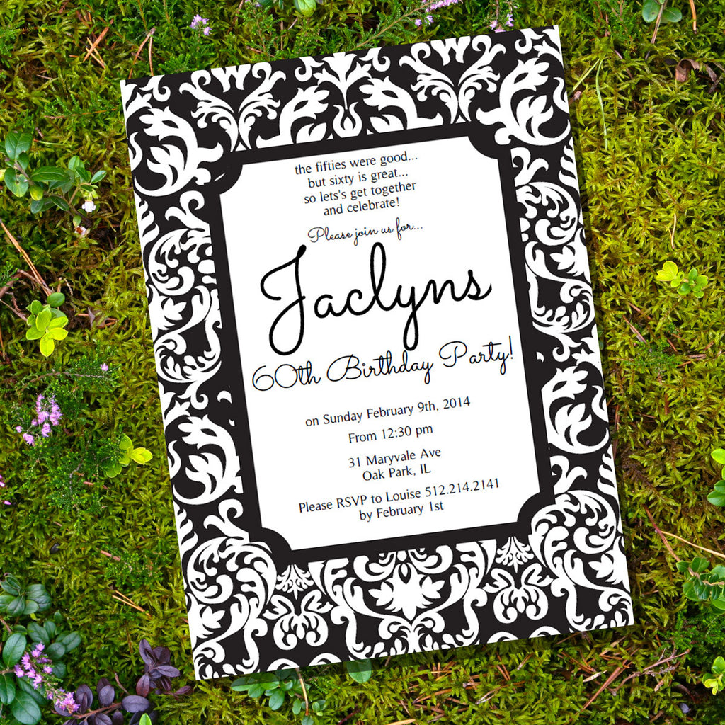 Black and White Damask Invitation Sunshine Parties