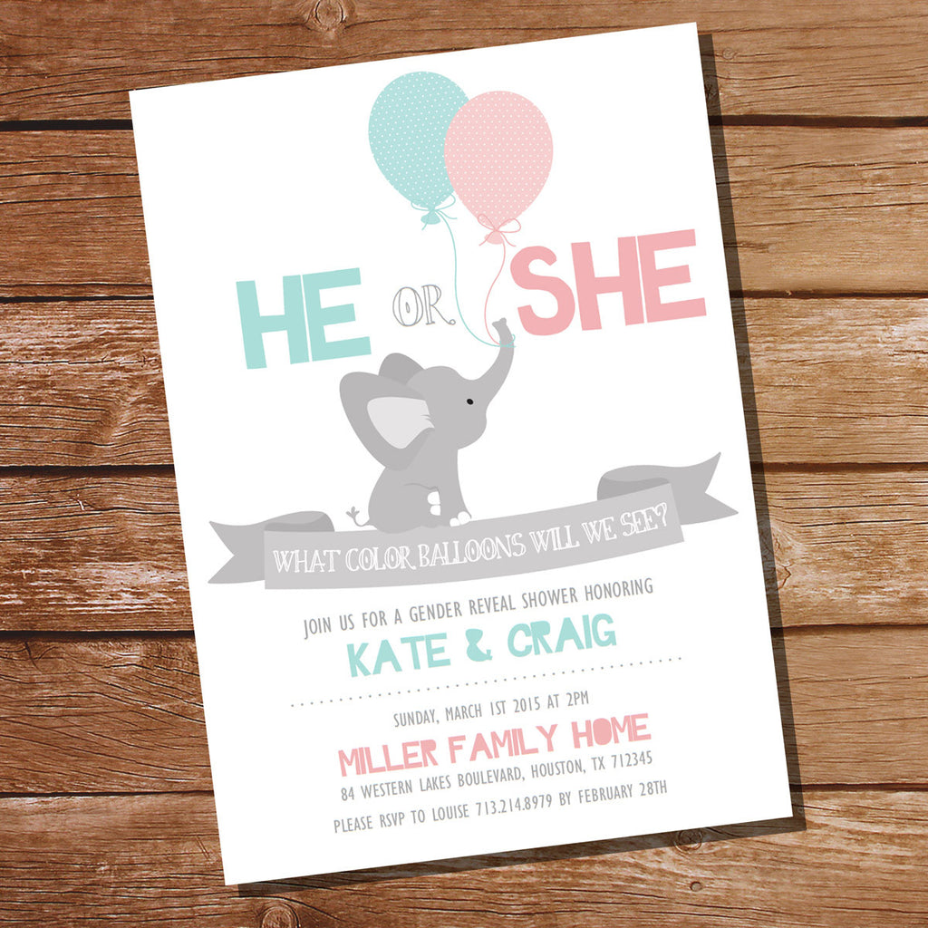 He Or She Elephant Gender Reveal Party Invitation – Sunshine Parties