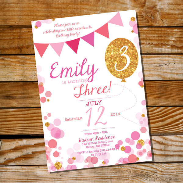 Pink And Gold Glitter Balloon Birthday Party Invitation Sunshine Parties