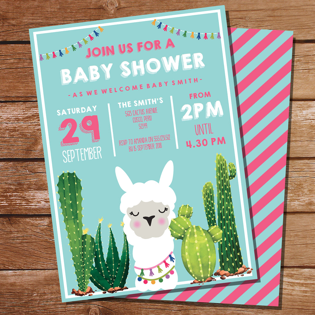 llama and cactus baby shower invitations