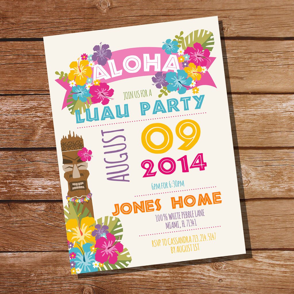 Luau Hawaiian Party Invitation Tiki Party Invitation Sunshine Parties