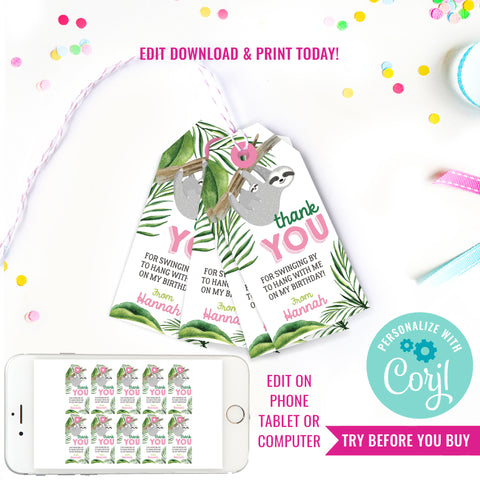 Sloth Birthday Party Favor Tags